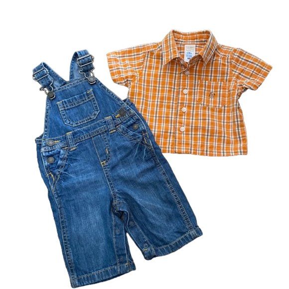2-Piece Old Navy Denim Overalls and Plaid Button-Front Shirt 0-3 Months - Picture 12 of 12